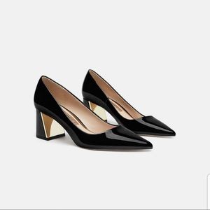 Zara Black Patent Block Heel Pumps 9